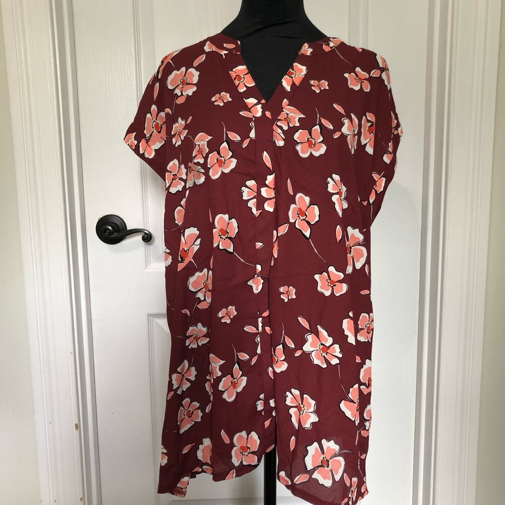 Alfani Womens XL Burgundy Floral‎ Mixed Media V-Neck Cap Sleeve Tunic Top NWT